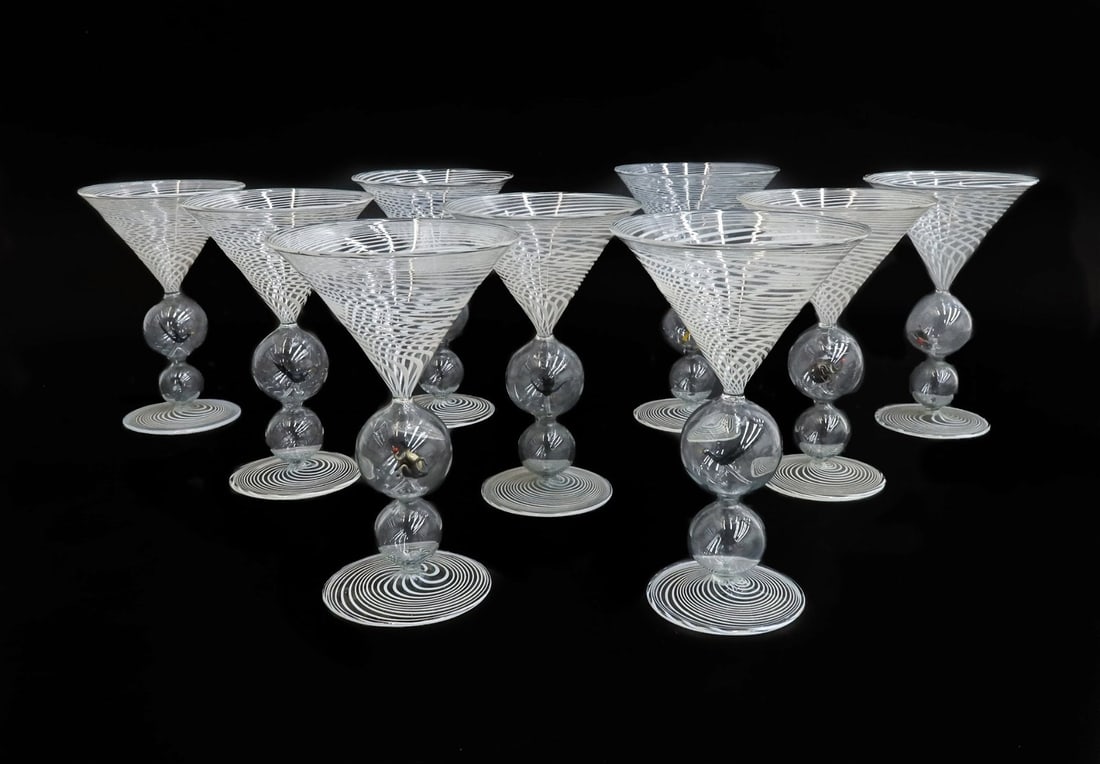 9 Lampl Bimini White Stripe Art Glass Martini Goblets, Figural stems: 9 Lampl Bimini white stripe art glass martini goblets, Various figural animals to center of blown stem. Pontil underside. Weight Approx., 2 Measures Approx., 3.5 inches diameter x 5.5inches tall Domes