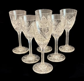 6 Val St Lambert Cordial Wine Goblets - Cane, Arch, Fan