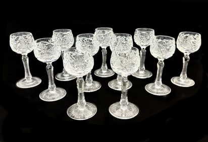 11 Bohemian Diamond Cut Glass Cordial Wine Goblets Attributed to Nachtmann