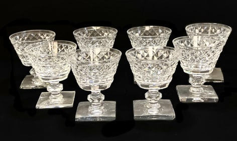 8 Hawkes Cut Glass Low Sherbet Goblets in Marquise of Waterford, Square Base