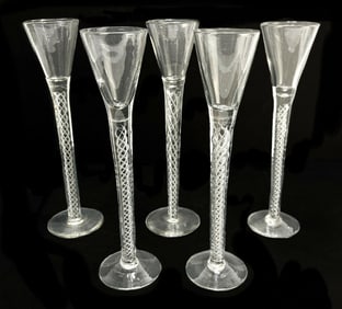 5 Victorian English Glass Wine Goblets, Air Twist Stems, 2nd Half 19th Century
