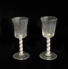 Pair English Air Twist Glass Wine Glasses 18th century Red and White
