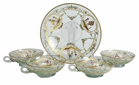 German Glass Hand Painted Berry Bowl Set