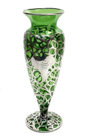 American Green Glass Silver Overlay Footed 12 inch Vase