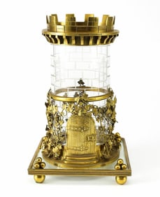 Late 19th Century Raised Golden Bronze Castle Shape on Etched Design Pot Glass