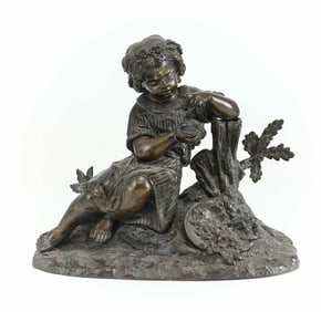 Bronze Figurative Sculpture Girl Bird Egg & Nest