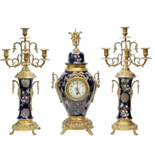 3 Piece French Japonisme Gilt Bronze Mounted Enameled Porcelain Clock Garniture