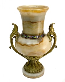 French Champleve Enamel  Onyx Stone Bronze Mounted Urn
