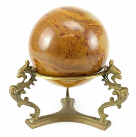 Jasper Sphere on Tri Dragon Form Gilt Bronze Base; Early 20th Century