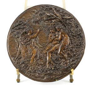 c.1900 Patinated Bronze Adam & Eve Wall Plaque; Bas Relief. Unmarked