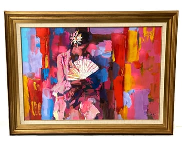 Nicola Simbari (Italian 20th Century) Oil on Canvas Oriental Woman with Fan