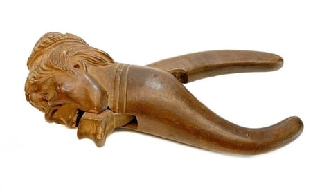 German Wooden Hand Carved Gnome Head Nut Cracker, 19th C