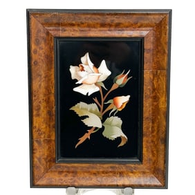 Italian Pietra Dura Stone Plaque Roses Wood Frame circa 1960
