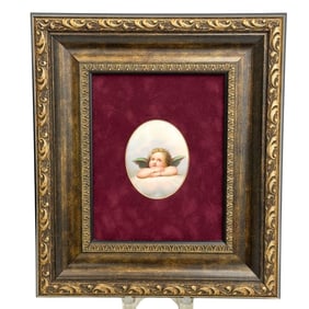 German Hand Painted Porcelain Portrait Plaque Raphael Sistine Cherub Framed