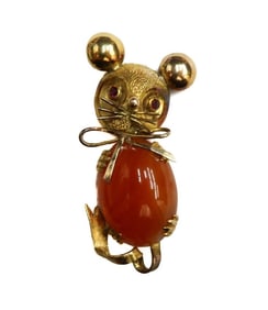 14k Yellow Gold Ruby and Carnelian Mouse Pin Brooch