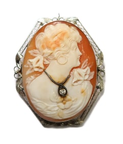 14k White Gold Carved Coral and Diamond Cameo Pin Pendant