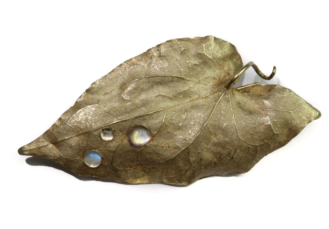 14k Yellow Gold and Moonstone Leaf Brooch (1 of 6)