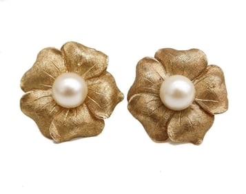 14k Yellow Gold and Cultured Pearl Floral Earrings