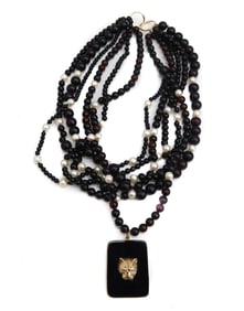 14k Yellow Gold Black and Red Garnet Multistrand Necklace, Jaguar Pendant