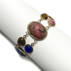 14k Yellow Gold Carnelian Rose Quartz Lapis Lazuli Scarab Bracelet