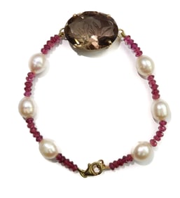 14k Yellow Gold Smoky Quartz, Pink Tourmaline and Cultured Pearl Bracelet