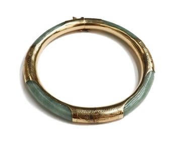 14k Yellow Gold and Green Jade Bangle Bracelet