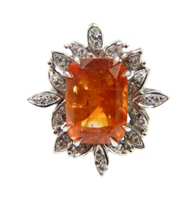 950 Platinum 8.2 ct Orange Sapphire and Diamond Ring with GIA