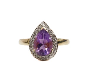 14k SLV Amethyst and Diamond Pear Teardrop Ring, Size 8.5