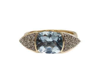 14k Yellow Gold Aquamarine and Diamond Ring, Size 7