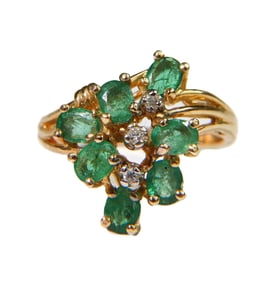 14k Yellow Gold Emerald and White Sapphire Ring, Size 6