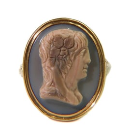 14k Yellow Gold Carved Agate Cameo Ring, Size 8.5