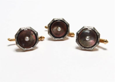 14k Yellow Gold Mother of Peark Octagonal Shirt Studs