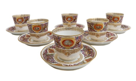 6 Sevres France Cup and Saucers Chateau de Fontainbleu Hunting Scene c1910