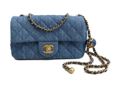 Chanel 22C Pearl Crush Mini Denim Flap Bag Shoulder Bag Handbag