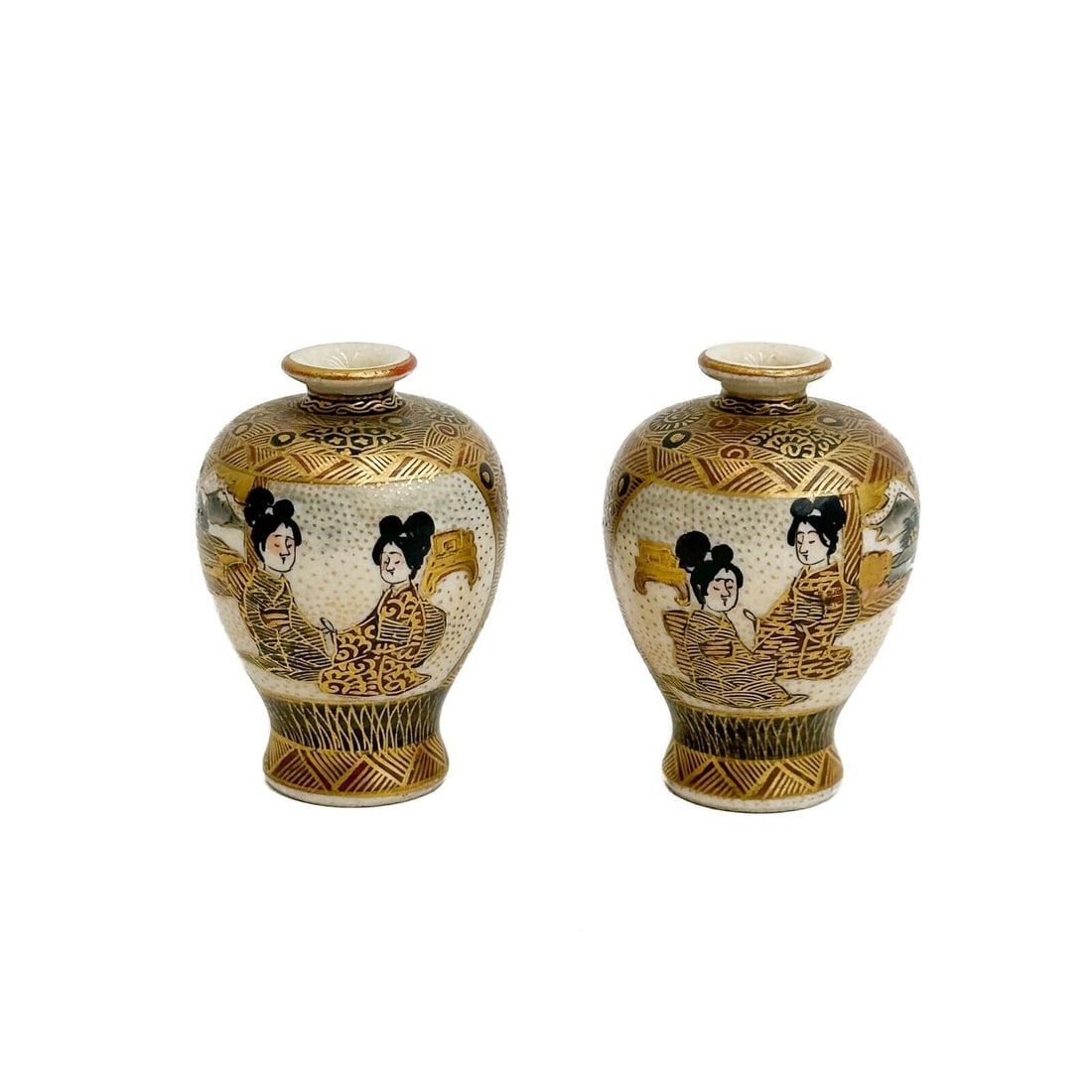 Pair Japanese Satsuma Hand Painted Miniature Porcelain Vases (1 of 4)