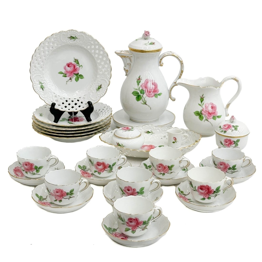 Meissen Germany Hand Painted Porcelain Tea Dessert Set in Pink Rose for 6 (1 of 10)