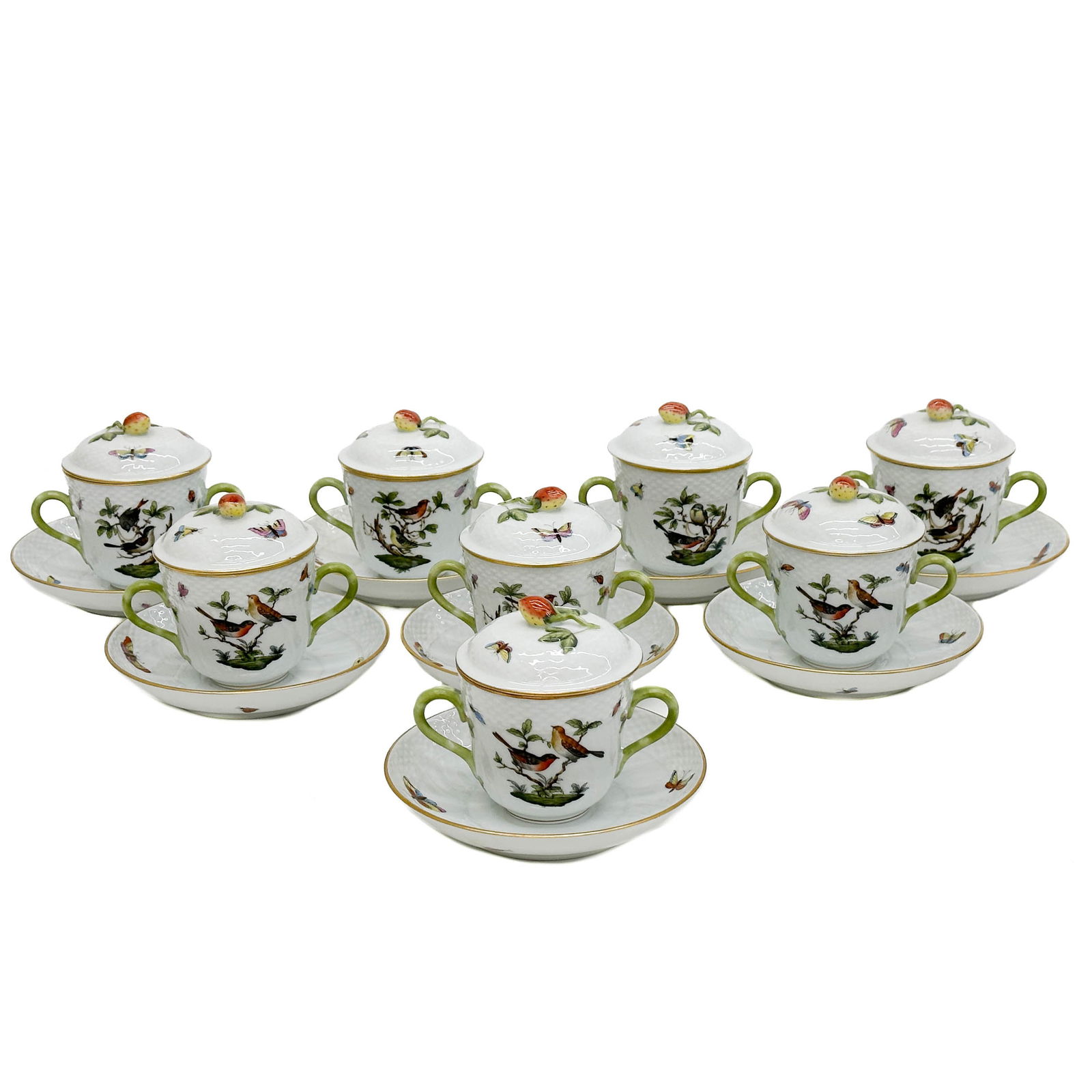 8 Herend Rothschild Birds Porcelain Pot de Creme or Covered Tea Cups & Saucers (1 of 13)