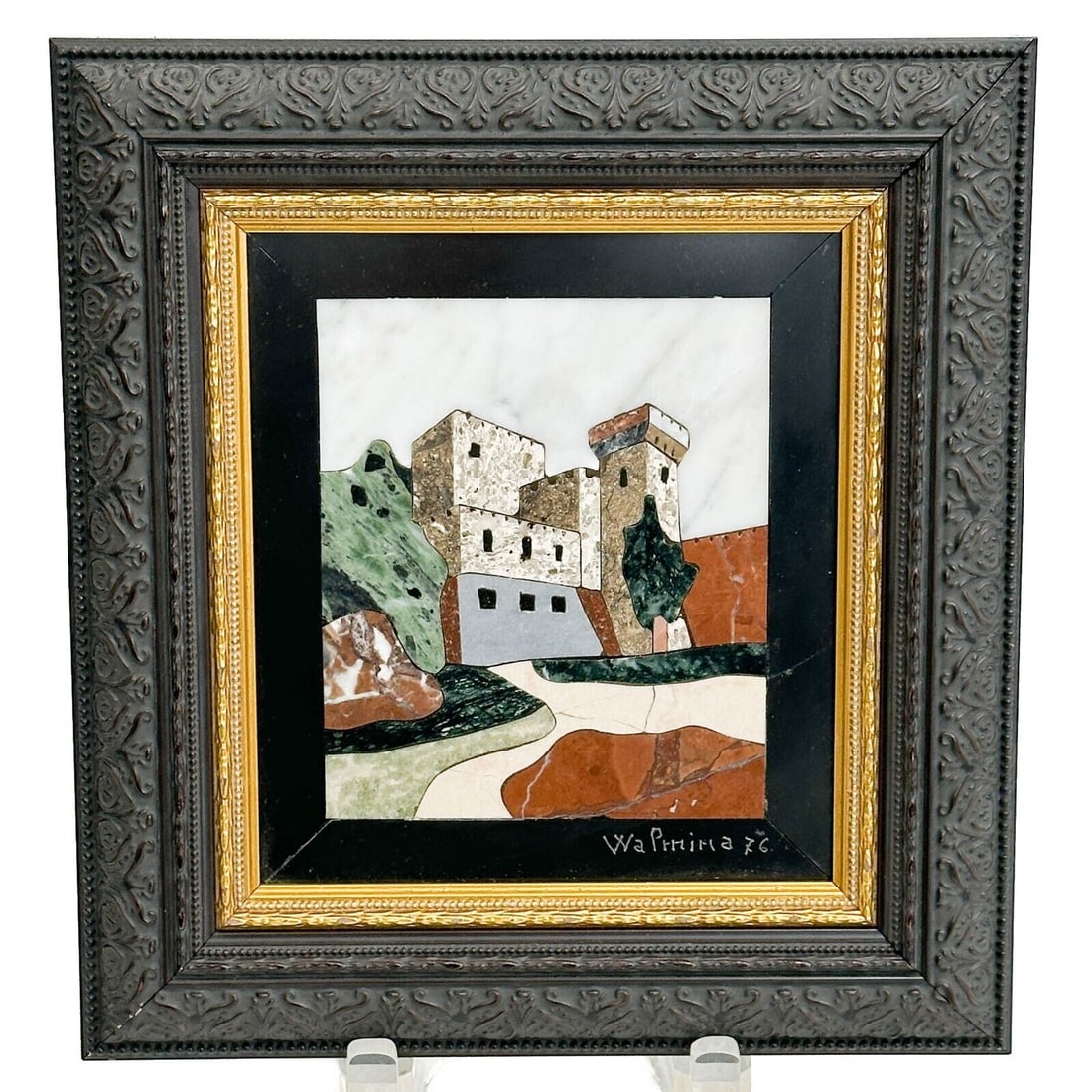 Italian Pietra Dura Stone Plaque Framed Castle Artist Signed 1976 (1 of 4)