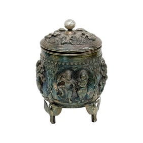 South East Asian Tibetan  Silver Lidded Repousse Lidded Jar 1st half 20th cen