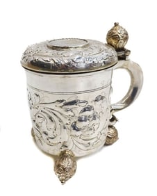 Scandinavian Silver Coin Medallion Footed Tankard, circa 1695, Repousse Flowers