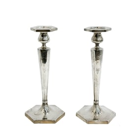 Pair American Sterling Silver Candlestick Holders Hexagonal Bases circa 1900