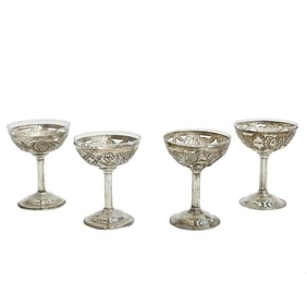 4pc Sterling Silver Overlay on Glass Compotes Vintage Hand Chased Foliate Design
