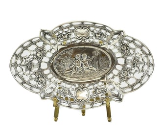 800 Silver German Reticulated Dish; Repousse Angels & Floral Design