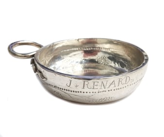 JD Schleissner & Sohne German Hanau Silver Tastevin, Etched Grapes, 1817