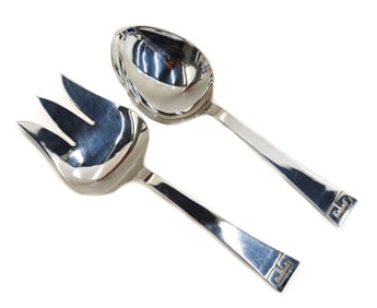 Pair Allan Adler Sterling Silver  Hand Hammered Salad Servers  in Chinese Key