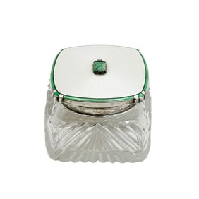Mappin & Webb Art Deco Silver Guilloche Enamel & Jade Cut Glass Vanity Jar