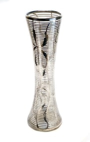 American Silver Overlay Glass Tall Vase, circa 1930. Leaf  & Stripe Designs