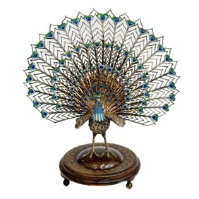 Chinese Gilt Silver Filigree and Enamel Peacock Figurine 20th century