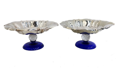 Pair Pairpoint Silverplate and Controlled Bubble Glass Footed Compotes Mid Cent