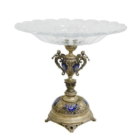 Italian Enameled Silverplate & Glass Centerpiece Bowl Putti with Trumpets c1900